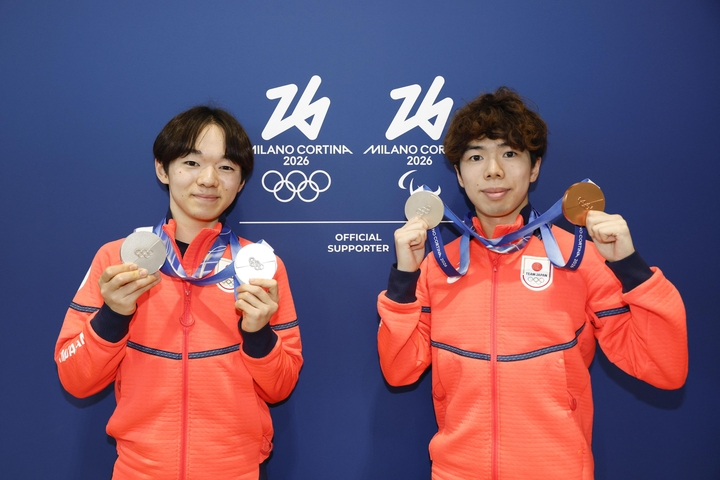 　イタリア・ミラノのマルペンサ空港で、出発前に撮影に応じるフィギュアスケート男子の鍵山優真（左）と佐藤駿＝２３日（共同）